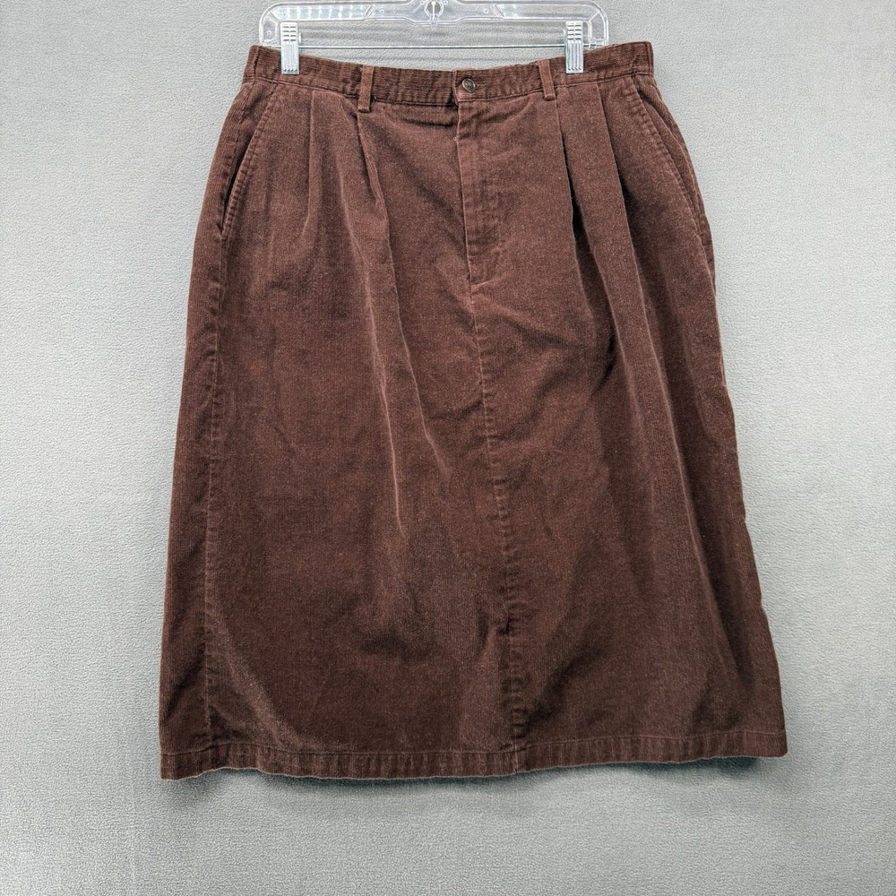 Vtg Lands End Corduroy Petite 18 Midi Skirt Brown Elastic Waist Pockets Y2K Cozy